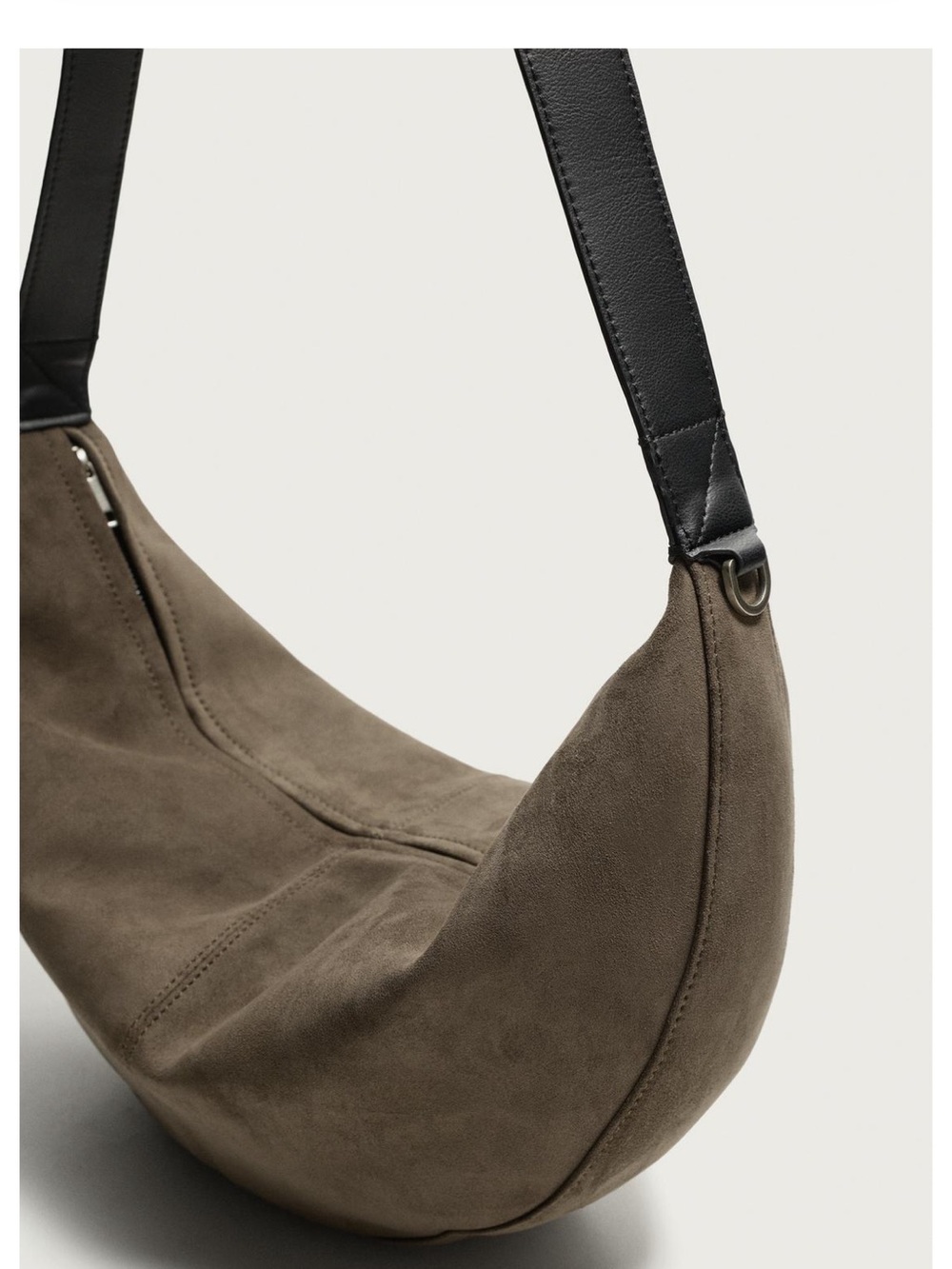 Zara Taupe Suede Crescent Messenger Bag with Black Strap
